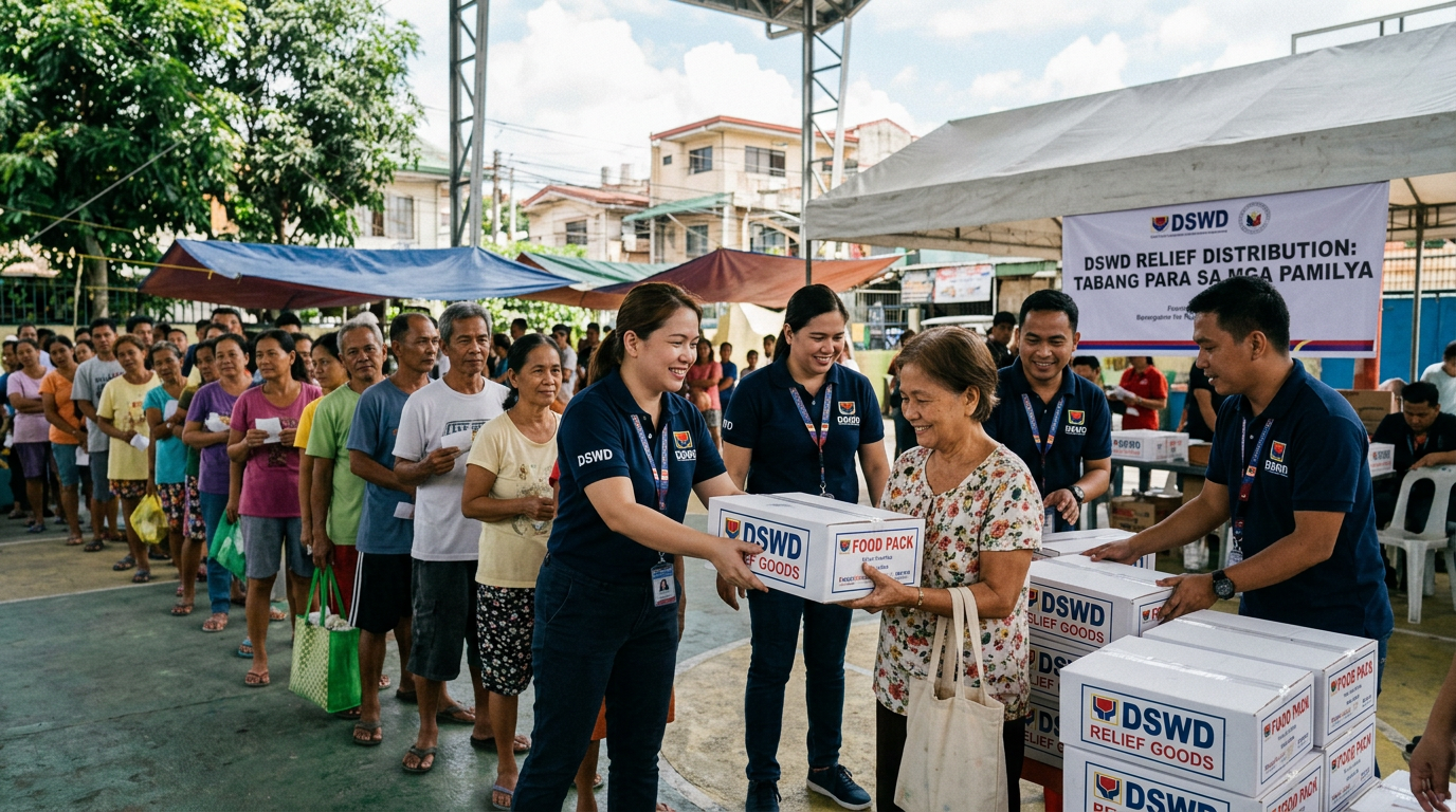 Volunteers handing relief goods boxes to smiling community members in line during a distribution event